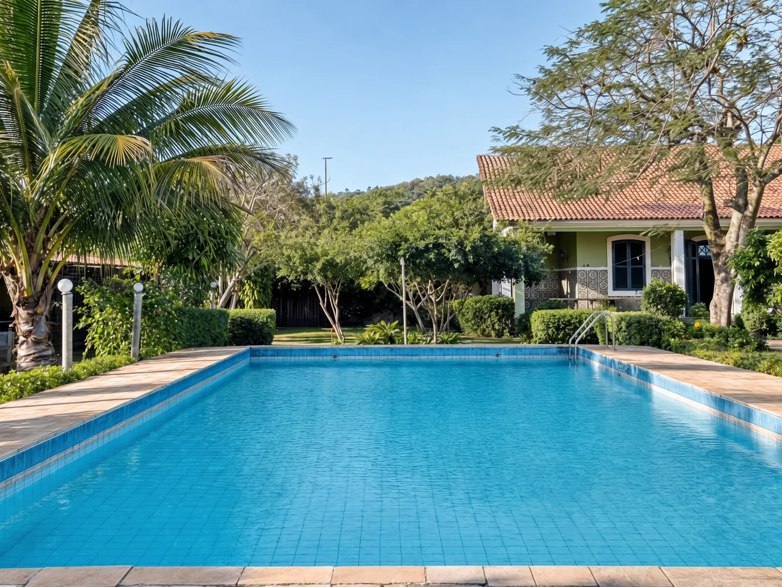 Piscina da Casa Mares com coqueiro e a casa colonial ao fundo