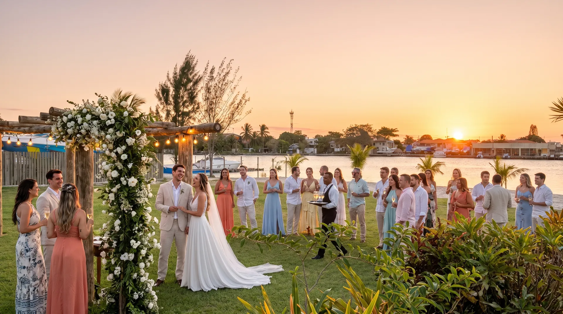 Ilustração de um brinde de casamento à beira d’água