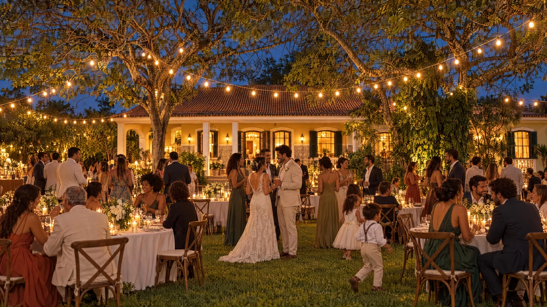 Ilustração de uma recepção de casamento à noite no gramado da Casa Mares, com a casa colonial iluminada ao fundo