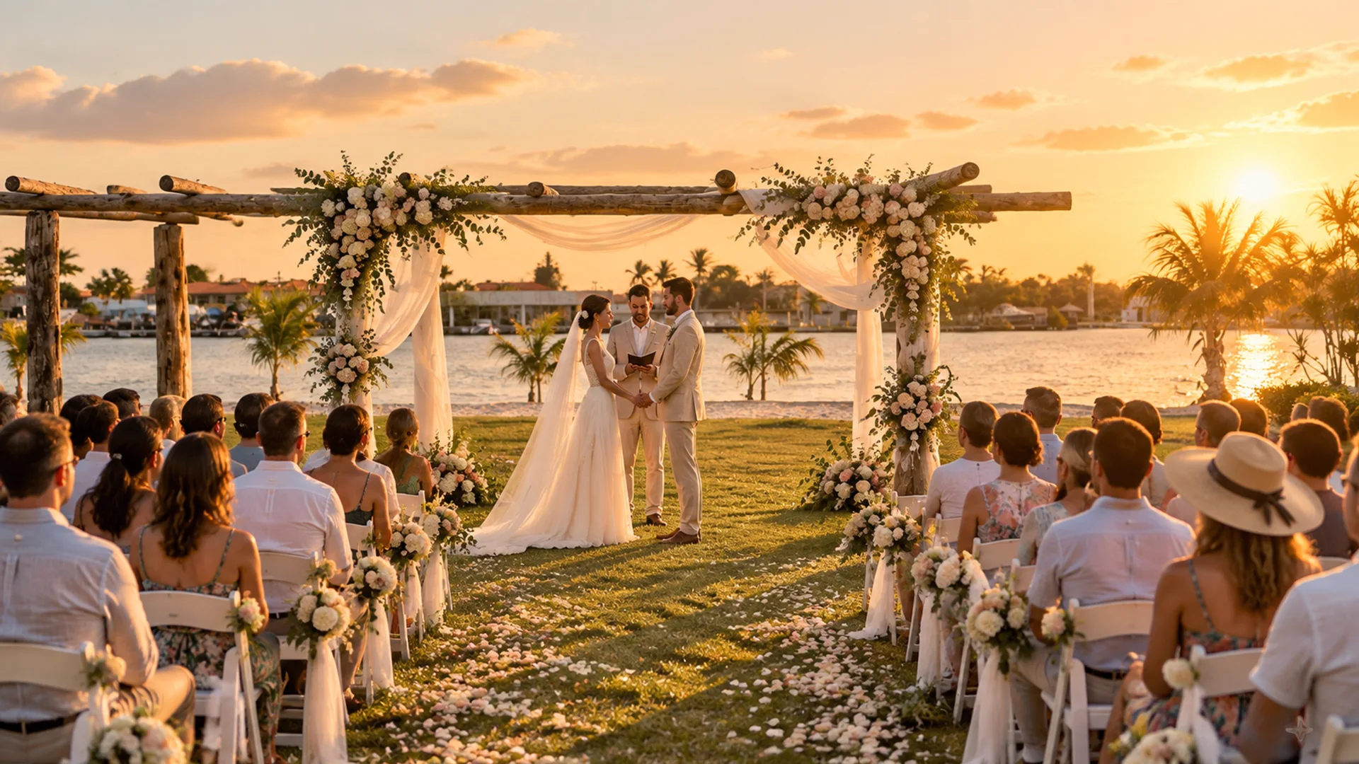 Ilustração de uma cerimônia de casamento na pérgola da Casa Mares ao pôr do sol