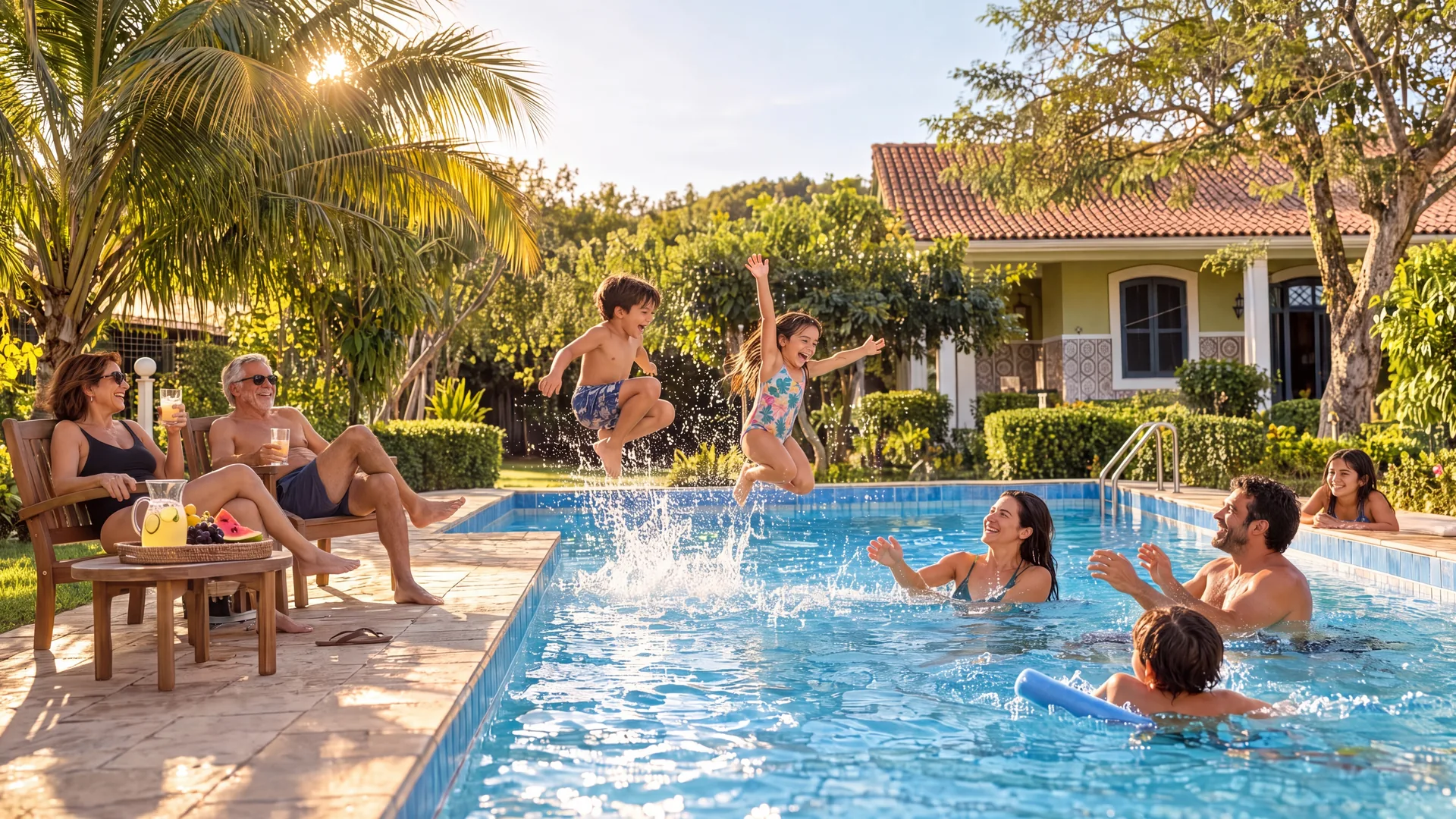 Ilustração de uma família aproveitando a piscina da Casa Mares no fim da tarde