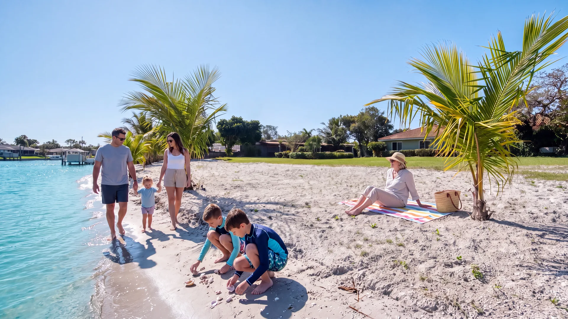 Ilustração de uma família com crianças caminhando pela beira d’água no acesso exclusivo à praia da Casa Mares