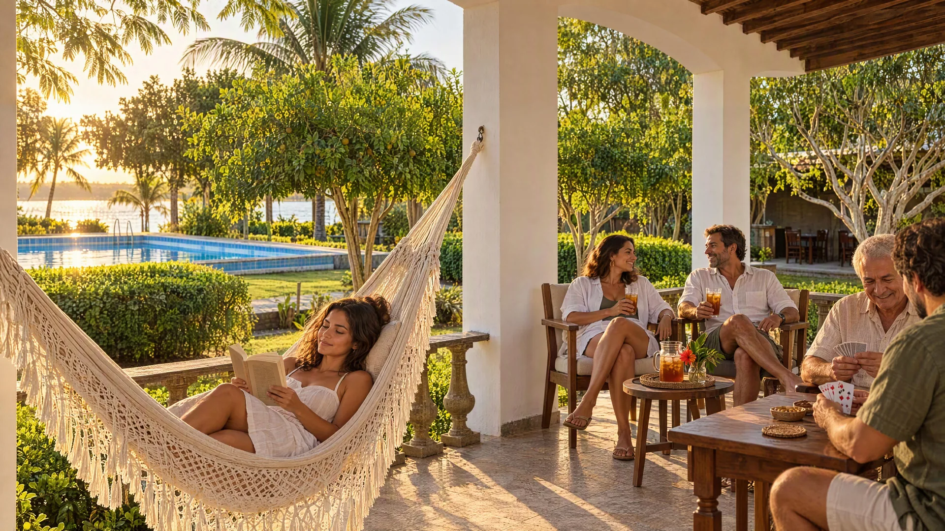 Ilustração de hóspedes descansando na varanda colonial da Casa Mares, com rede e jogo de cartas