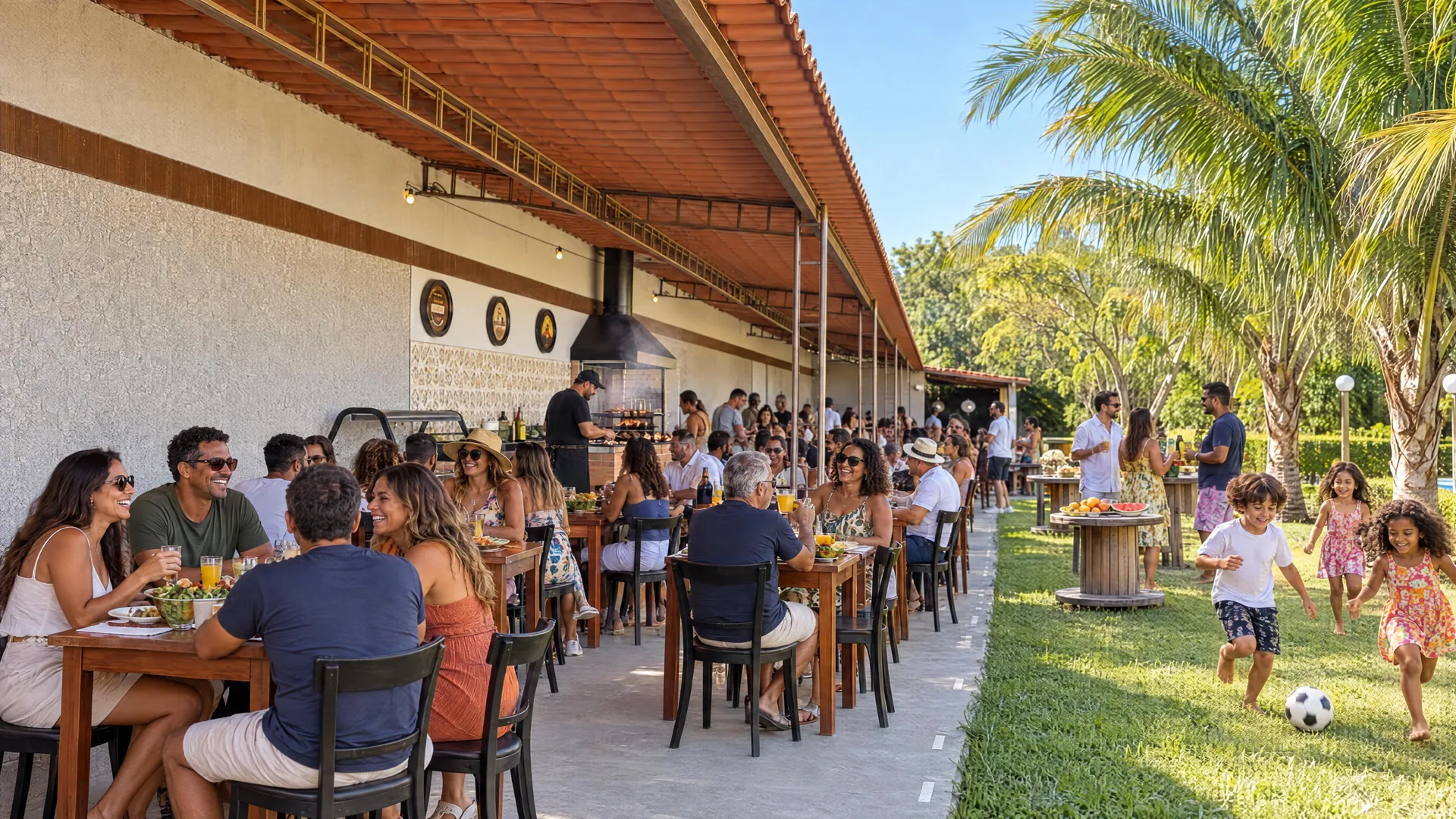 Ilustração de um churrasco de dia na área gourmet da Casa Mares, com convidados nas mesas de madeira