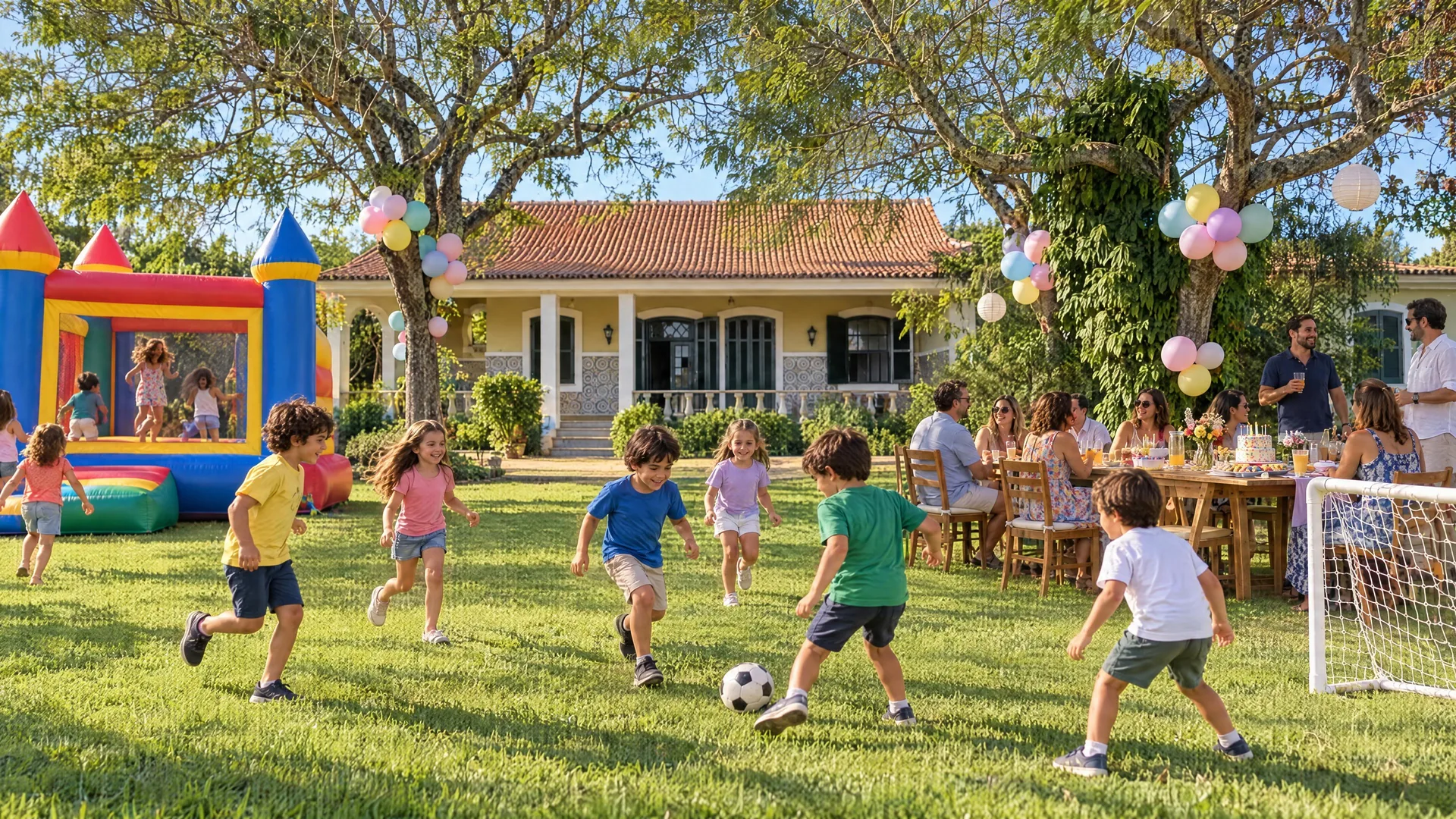 Ilustração de uma festa infantil no gramado da Casa Mares, com brinquedos e crianças brincando