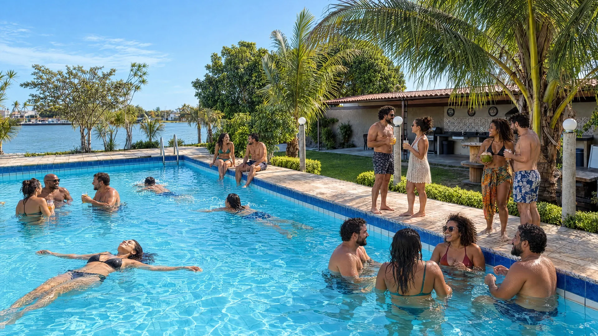 Ilustração de uma festa na piscina da Casa Mares, com convidados aproveitando a piscina inteira