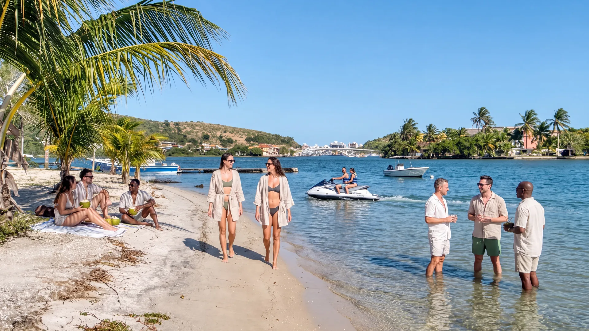 Ilustração de convidados no acesso exclusivo à praia da Casa Mares, com jet ski e lancha
