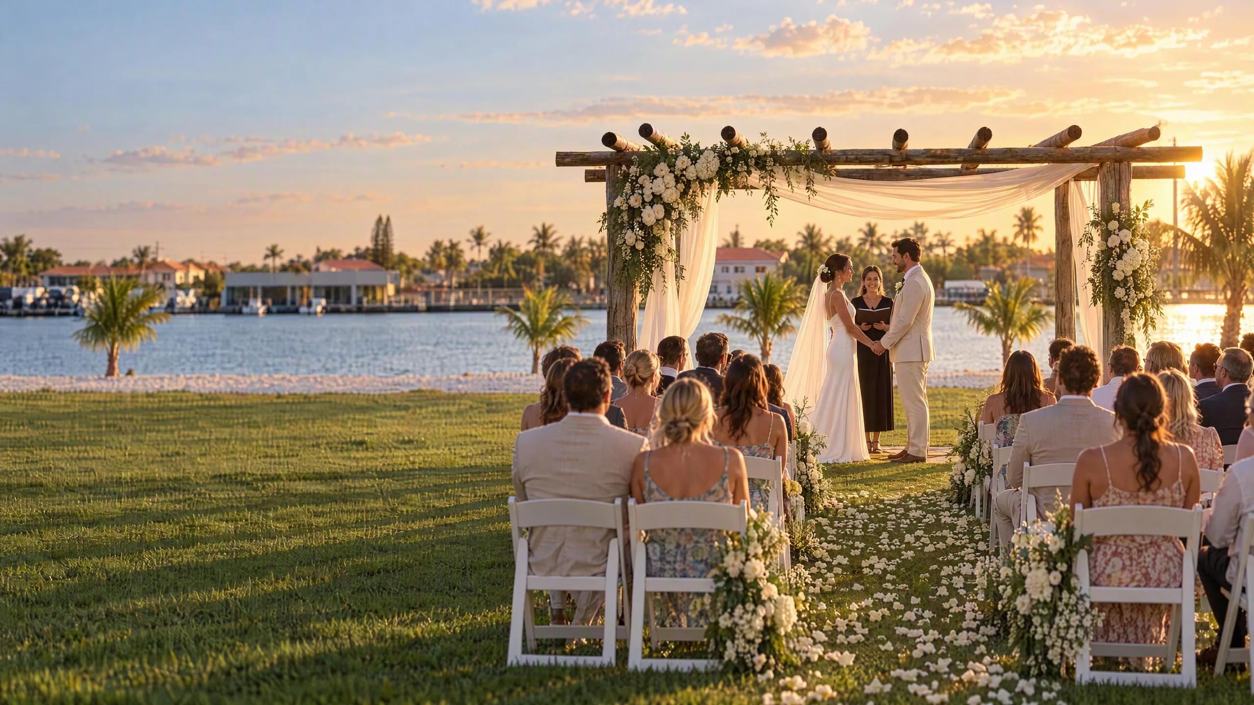 Ilustração de uma cerimônia de casamento ao pôr do sol na pérgola de frente para a lagoa da Casa Mares