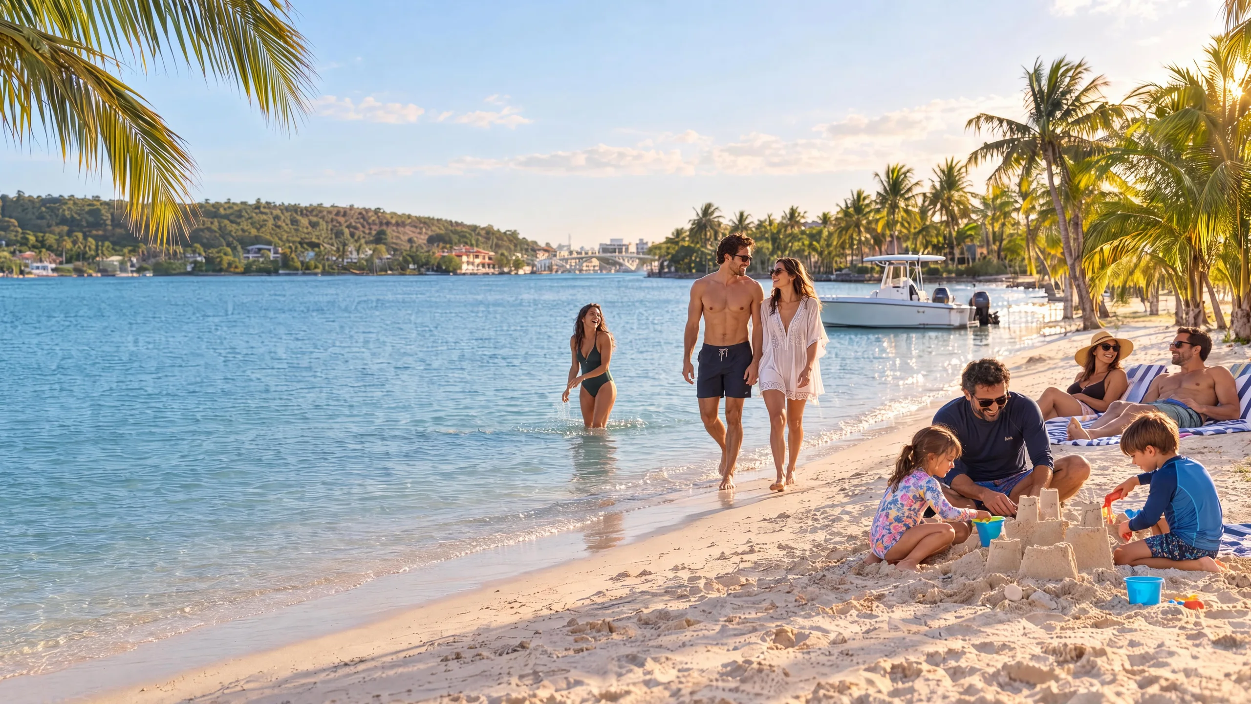 Ilustração de famílias aproveitando o acesso exclusivo à praia da Casa Mares, com crianças fazendo castelo de areia e uma lancha na margem