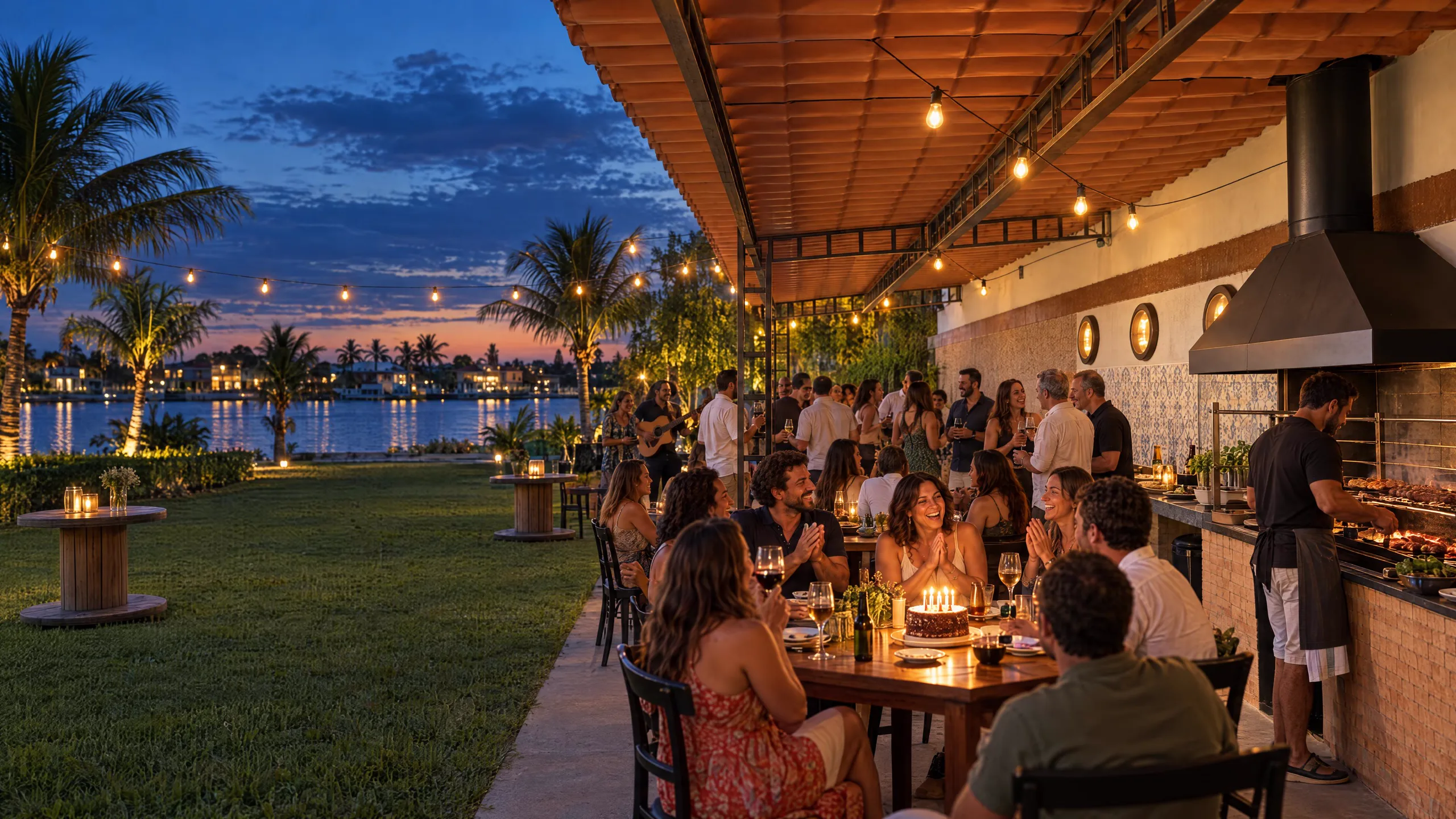 Ilustração de uma festa de aniversário ao anoitecer na área gourmet da Casa Mares, com luzes e vista para a lagoa