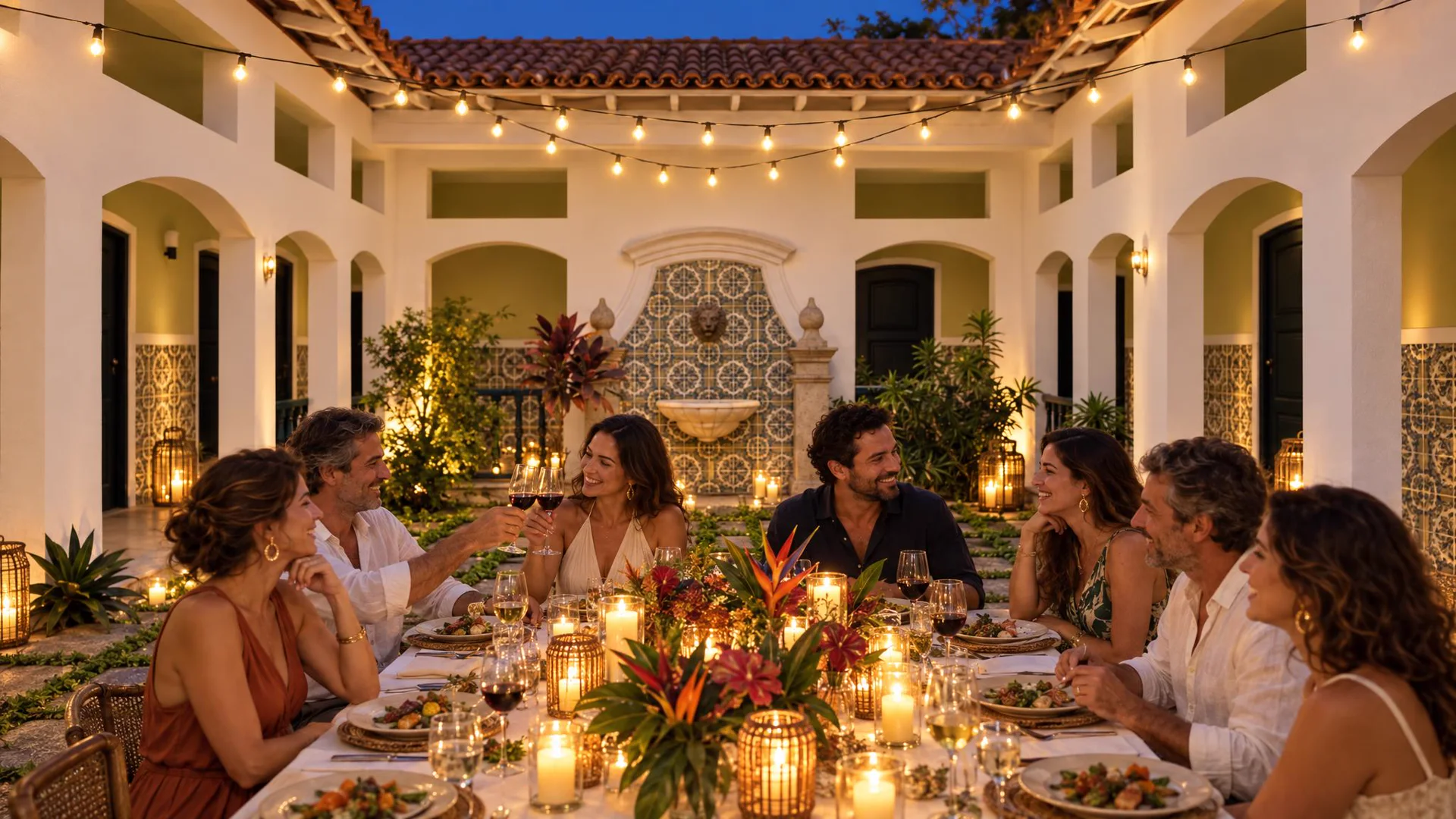Ilustração de um jantar à luz de velas no pátio interno com chafariz da Casa Mares
