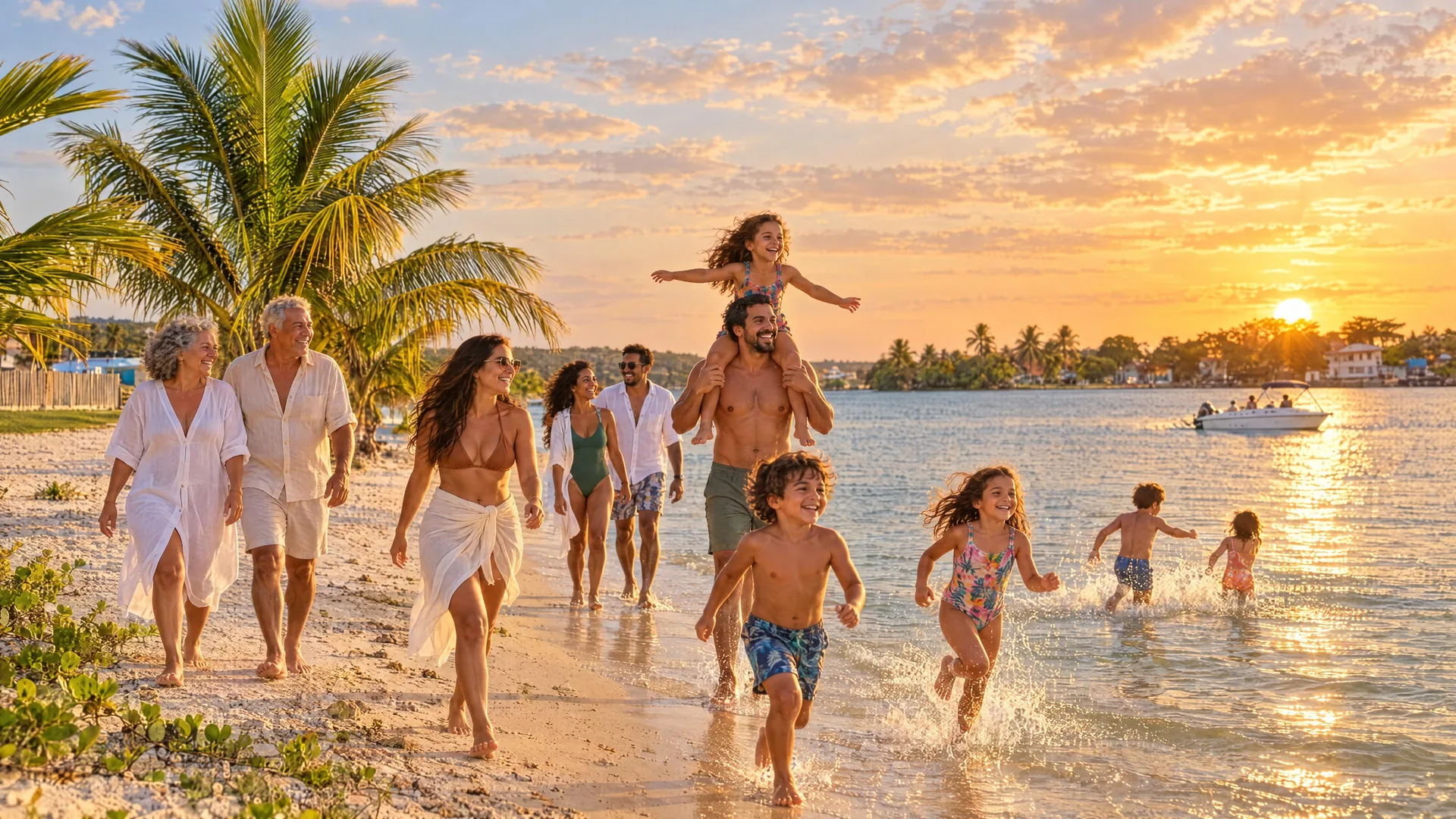Ilustração de famílias e crianças brincando no acesso exclusivo à praia da Casa Mares ao pôr do sol